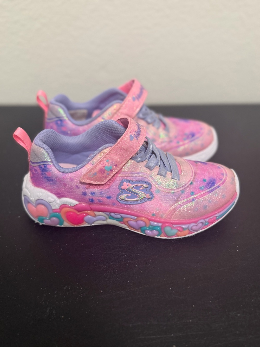 Skechers Kids Pink and Purple Glitter Heart-Trim Light-Up Sneakers